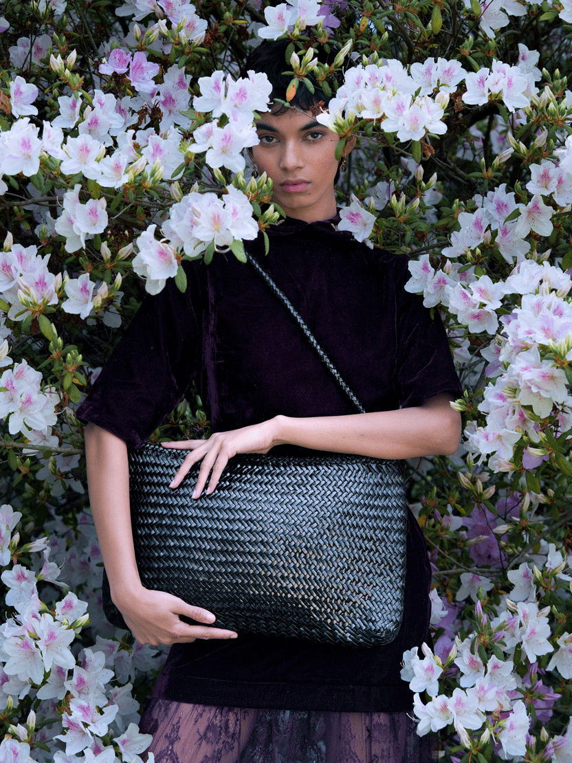 Nina Woven Shoulder Bag in Black