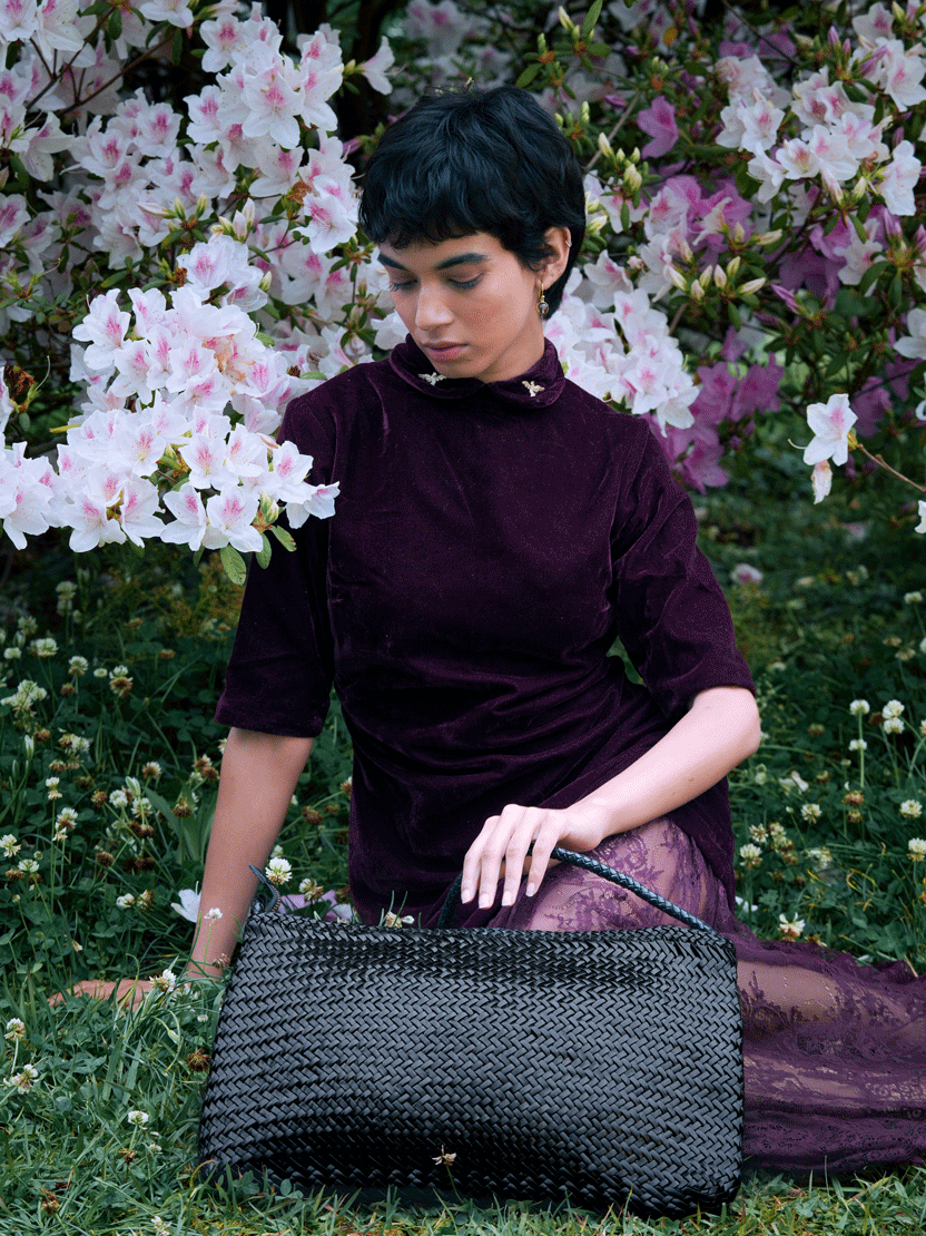 Nina Woven Shoulder Bag in Black